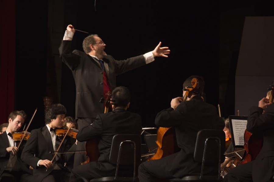 Conducting energy: Mr. Velleuer conducts the DHS orchestra at the October 28th Midwest goes Mideast benefit concert. The concert featured pieces played by the DHS orchestra alone, as well as collaborative songs between the student orchestras and some of the guest artists and groups, such as the Chicago Salam Shalom Music Project.