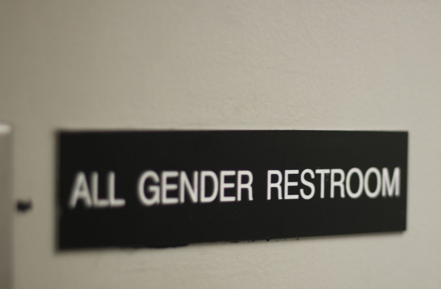 The sign on the gender-inclusive restroom, located in P-Hall, that designates it open to people of all genders.