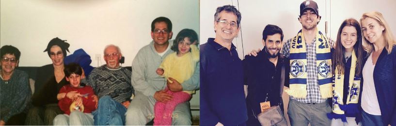 Romi poses with her family, then in Israel and now, in the US.