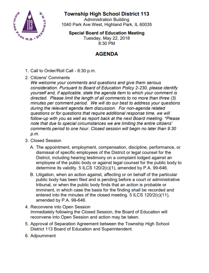 The agenda for the special board meeting on Tuesday, May 22 at 8:30 PM. Courtesy of District 113.