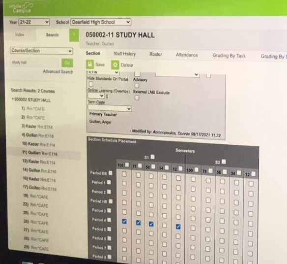 An ordinary study hall section as it appears in Infinite Campus scheduling software. Image courtesy of Dr. Brandt.