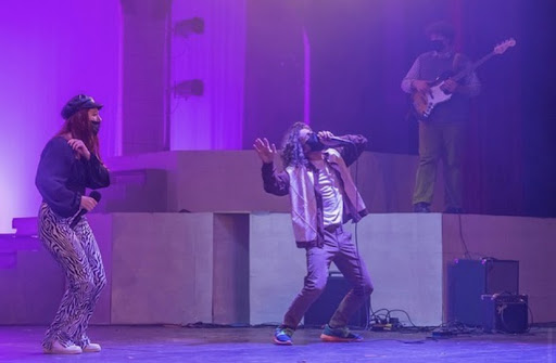 Eden Chaban (left), Leo Baum (center), and Aryeh Levy (right) perform Kanye Wests Ghost Town at STUNTS Underground. Image Courtesy of the STUNTS Instagram Page.