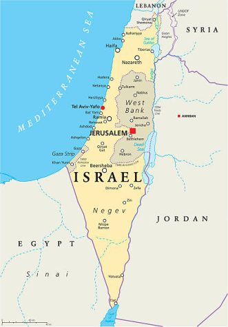 A map of Israel and Palestine.